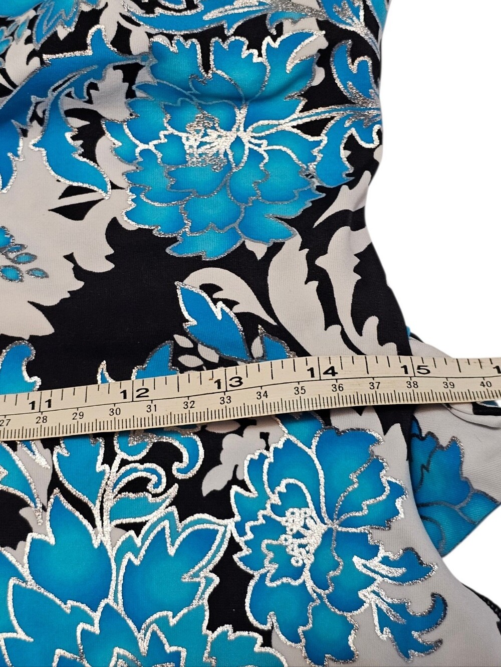 Maxine of Hollywood Swimdress One Piece Swimsuit Blue Floral Metallic Silver  16 - Picture 6 of 8